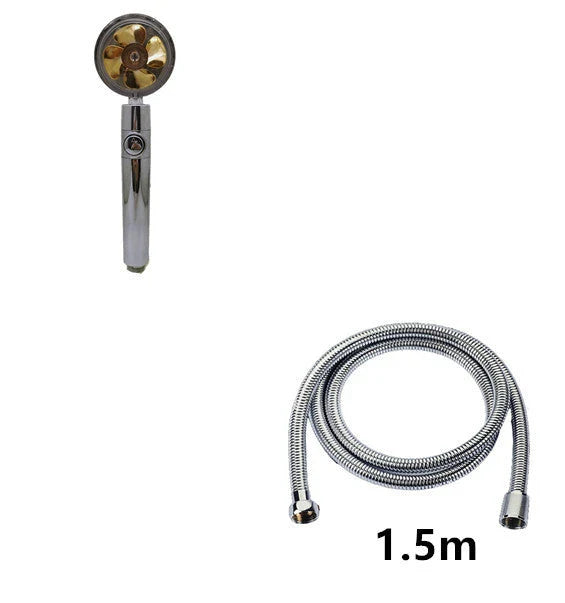 A high-pressure handheld shower head with a turbo-charged water flow and a cotton filter for a luxurious, spa-like bathing experience.