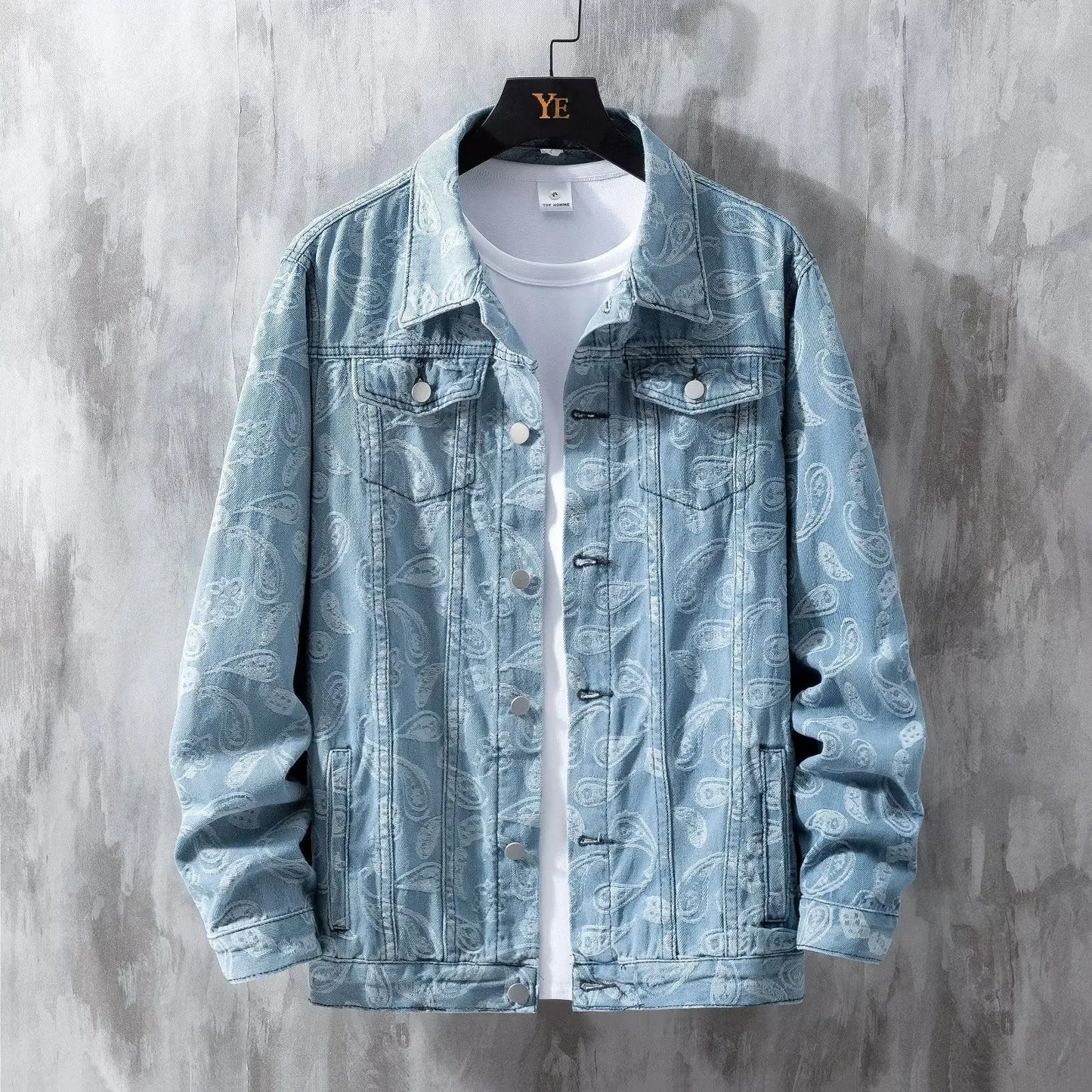 Men's slim fit printed jacquard denim coat in black with patch pockets and drawstring casing