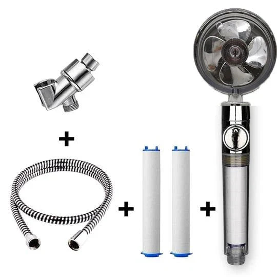 A high-pressure handheld shower head with a turbo-charged water flow and a cotton filter for a luxurious, spa-like bathing experience.