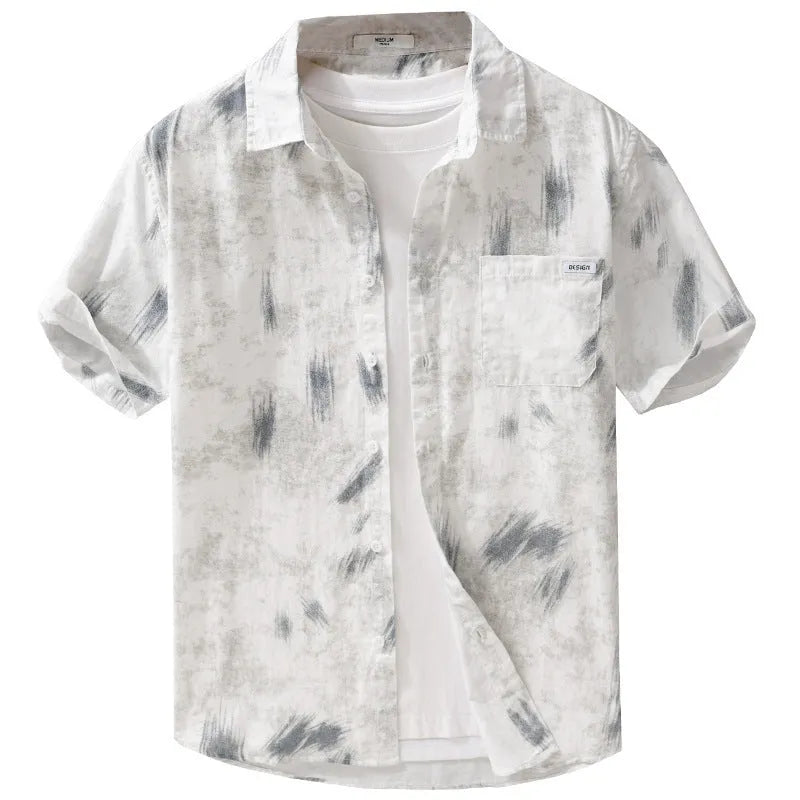 Light green men's loose-fit floral print short-sleeve cotton cardigan laid flat.