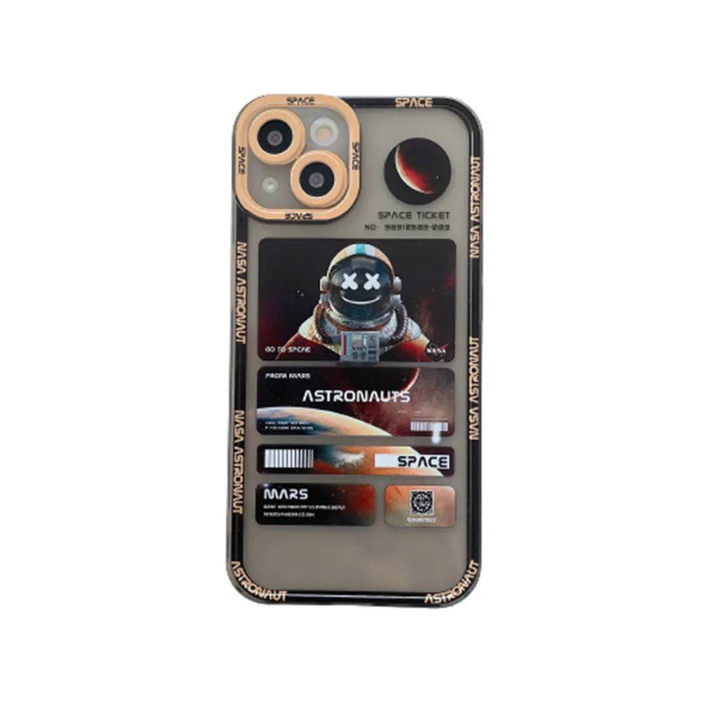 Blue and black space astronaut graffiti design on a silicone iPhone case for iPhone 13.