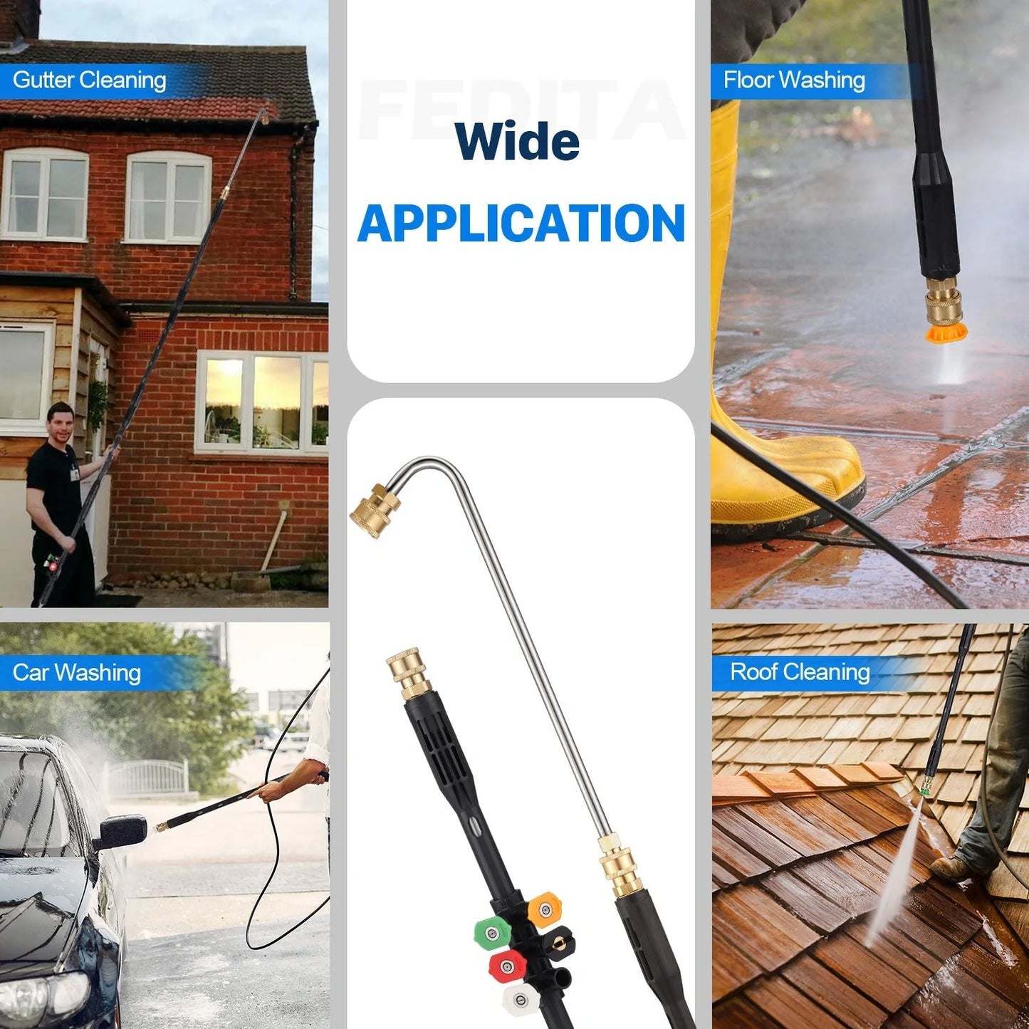 Stainless steel high-pressure washer gutter cleaning rod extending to 110 inches.