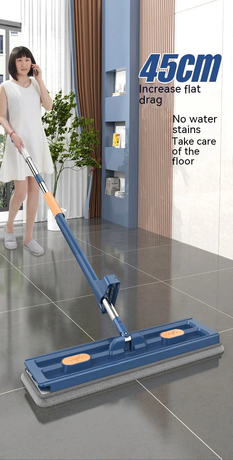 A premium 360° rotating flat mop with a stainless steel handle, suitable for cleaning various flooring types in homes.
