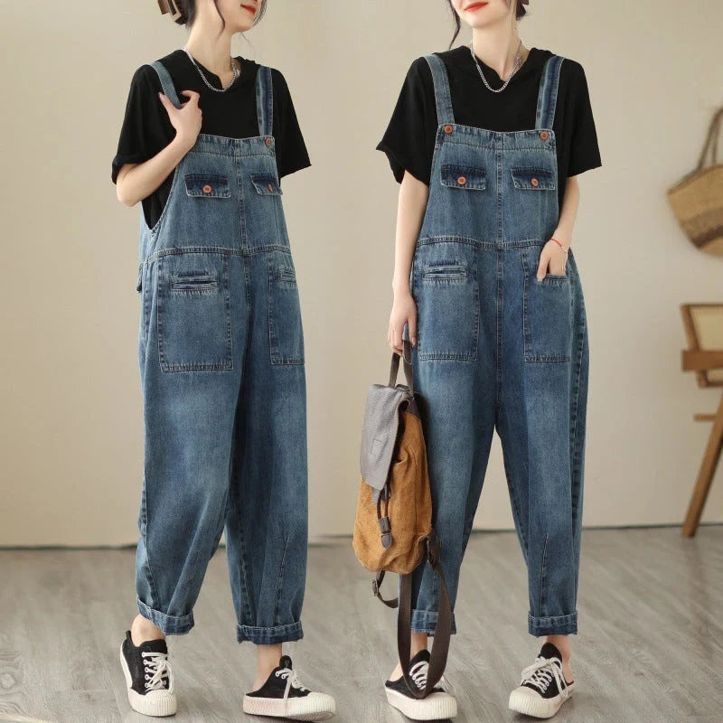 Stylish light blue denim strap pants for women with adjustable fit