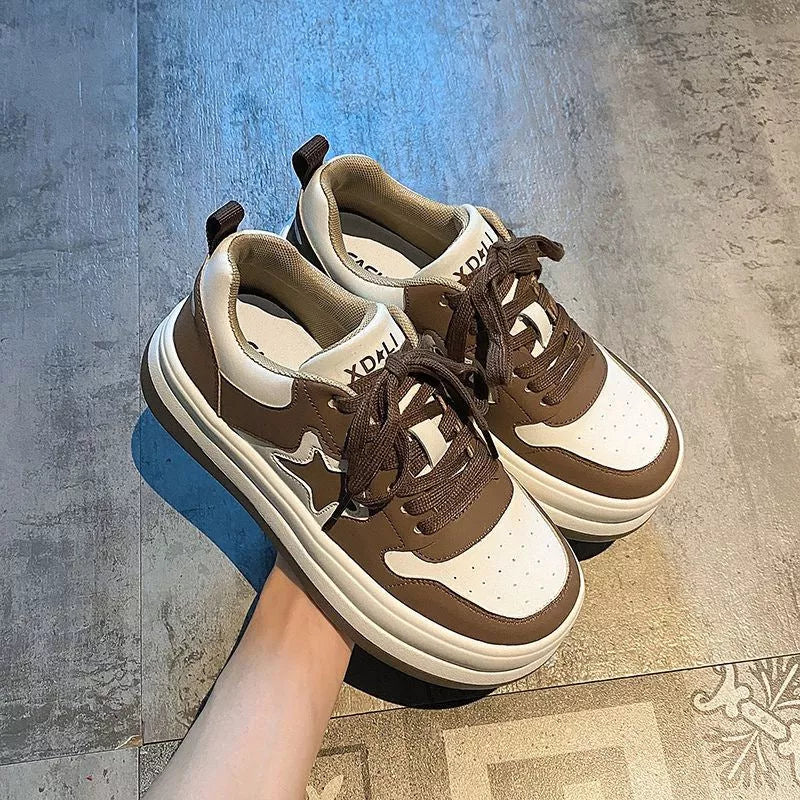 Women's Star Round Head Heightening Sneakers in black and khaki