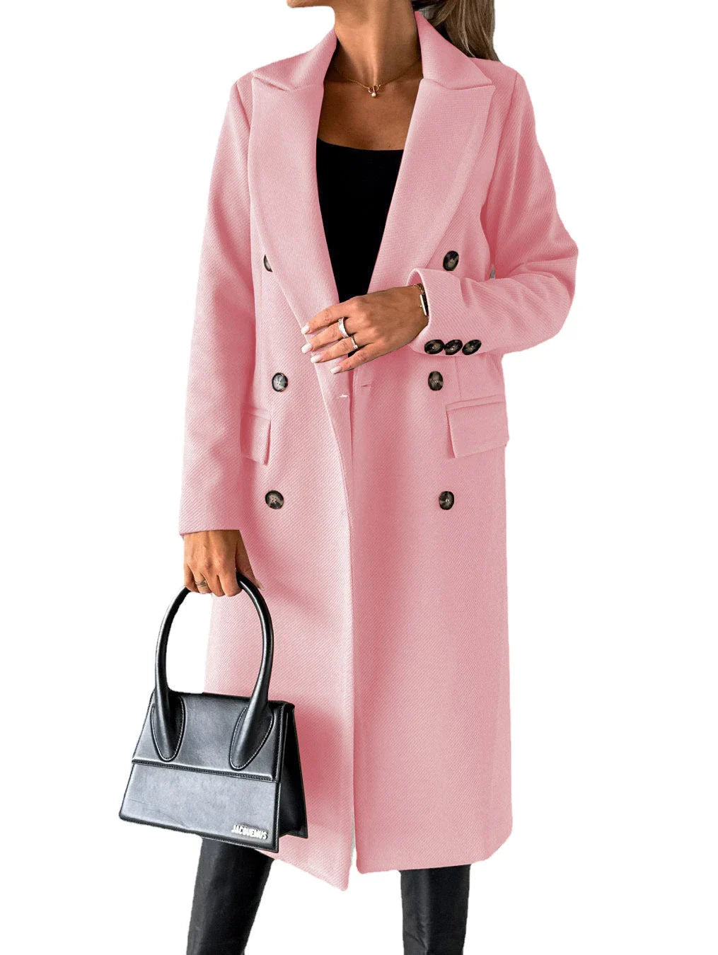 A stylish double-breasted winter coat made of premium polyester with a sleek lapel design and slim silhouette.