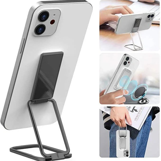 Adjustable magnetic phone stand for desk and car use, compatible with all smartphones and tablets