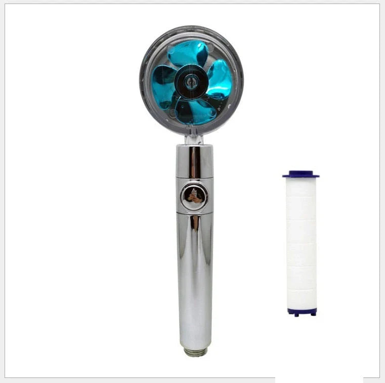 A high-pressure handheld shower head with a turbo-charged water flow and a cotton filter for a luxurious, spa-like bathing experience.