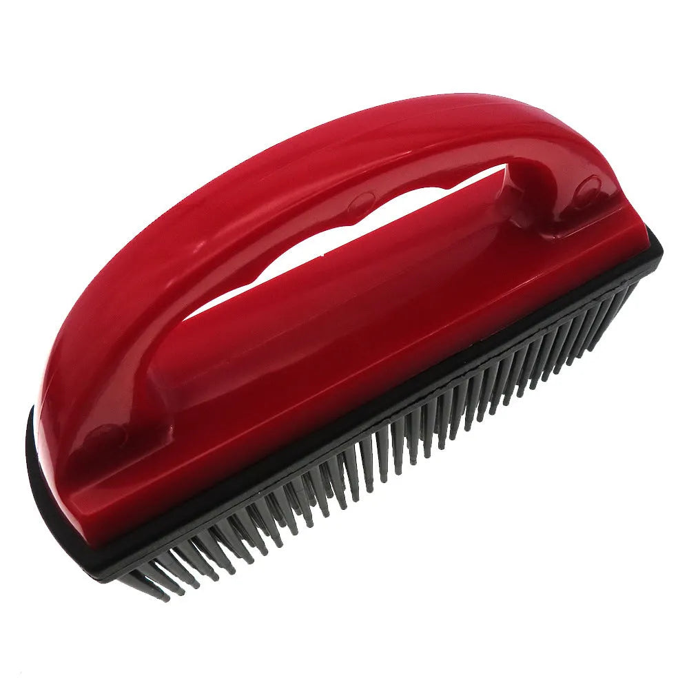 Red pet grooming brush with massage nodes for hair removal during dog or cat baths.