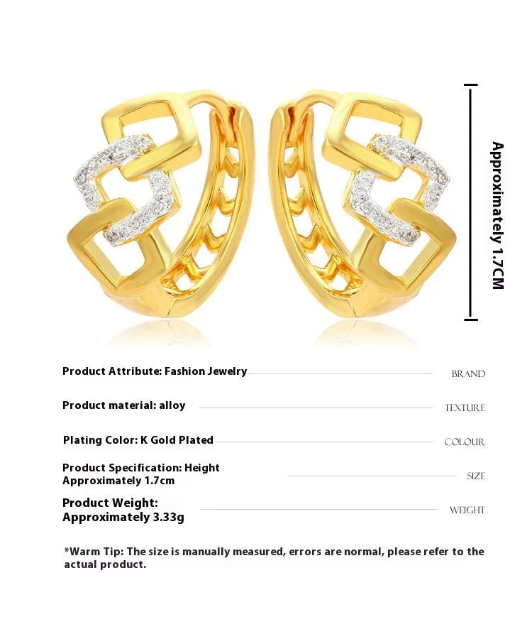 Pair of gold geometric earrings with hollow-out design and a two-tone colour detail on the ear clip fastener.
