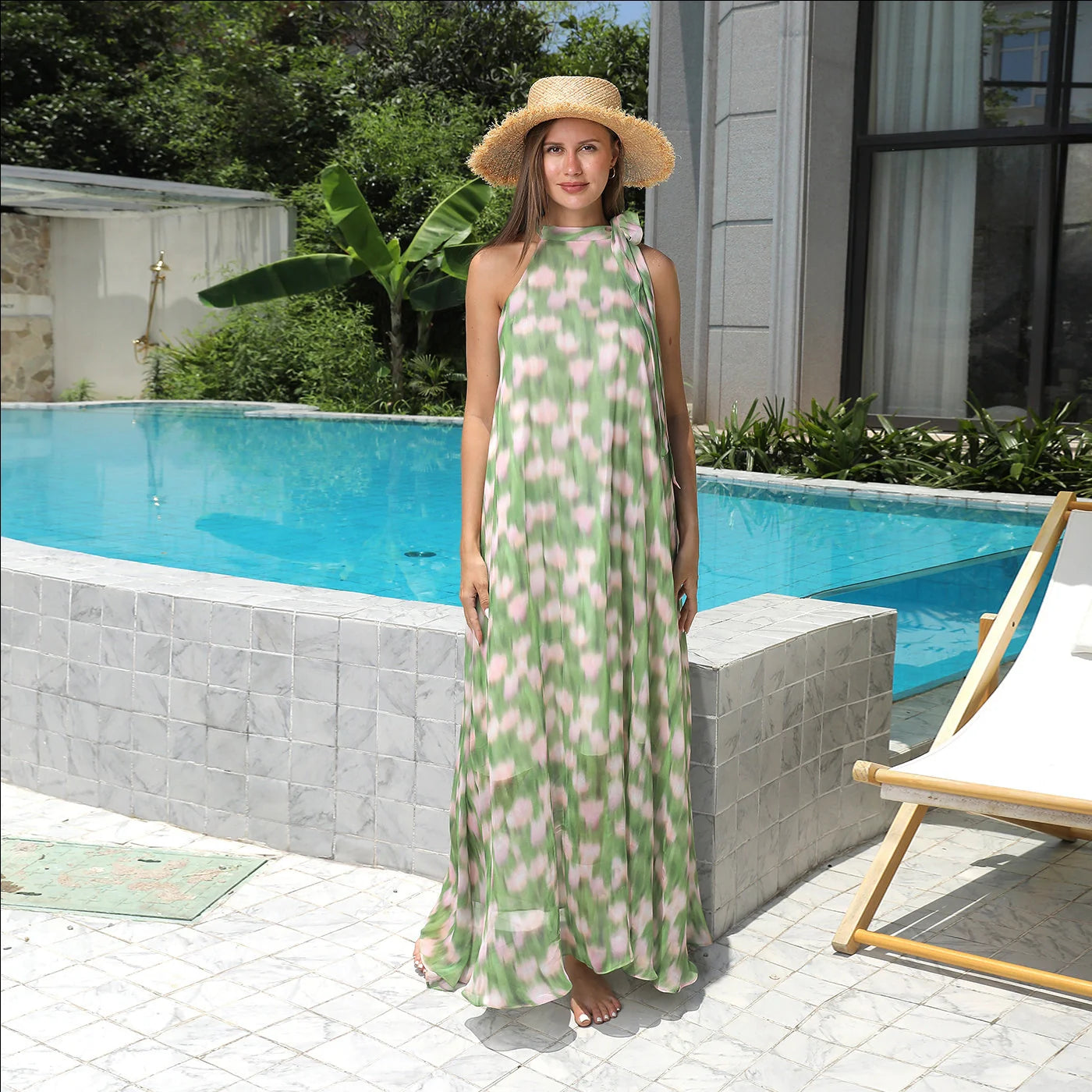 Stylish women's printed polyester dress in vibrant green