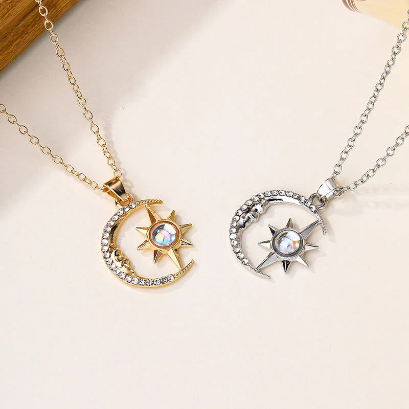 Stylish moon and star zircon pendant necklace with a dazzling celestial design and stainless steel construction