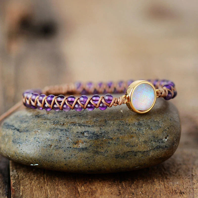 Stylish stone-wrapped bracelets featuring genuine amethyst and opal accents in a braided design