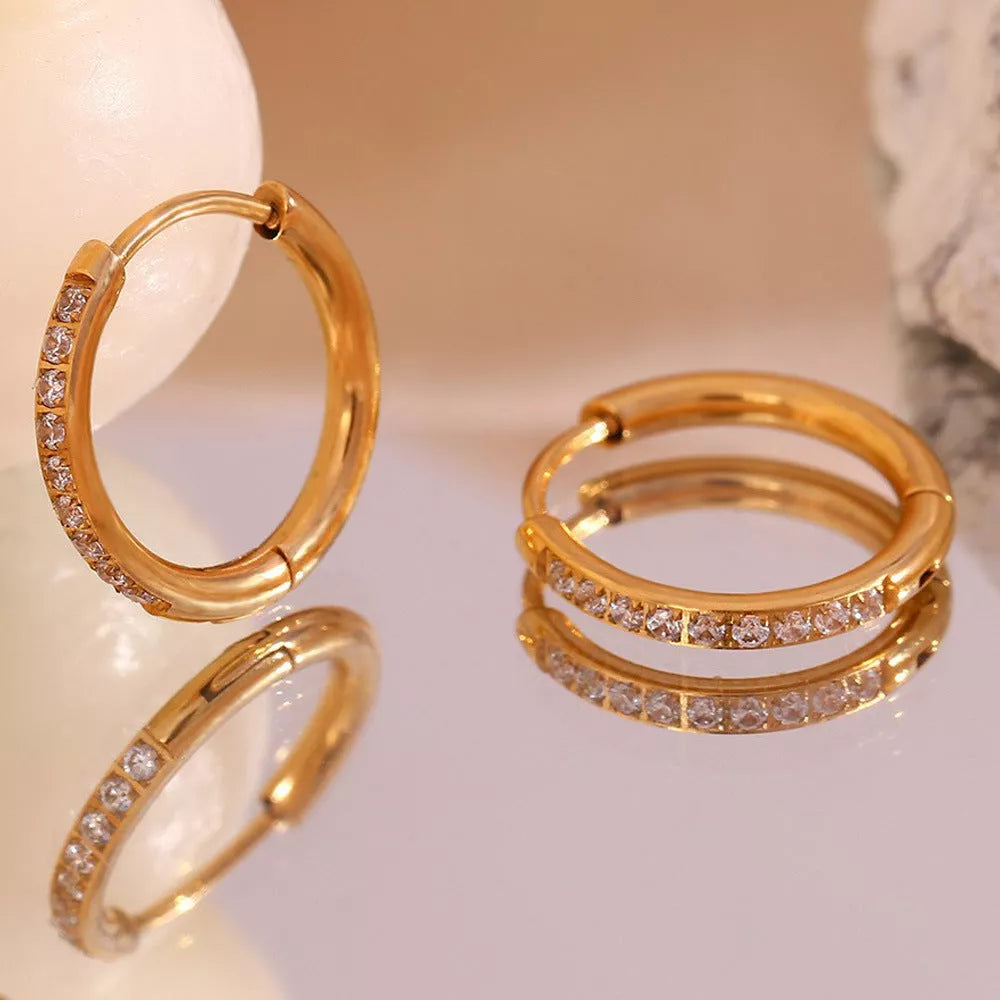 Women's titanium steel zircon earrings with electroplating, available in gold and steel finishes