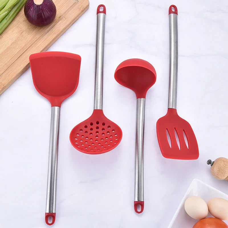 Premium silicone kitchenware set with stainless steel handles in black and red colors, including various cooking utensils and tools
