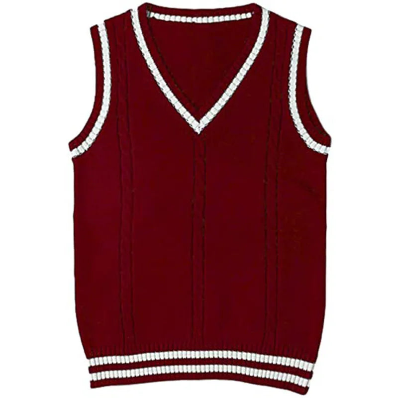 Women's V-neck striped stitching knitted sweater in slim fit, available in white, black, dark blue, wine red, and brown