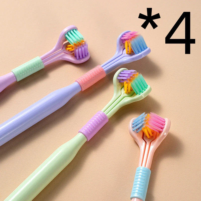 A soft bristle toothbrush with a unique triple-sided brush head for deep cleaning and customizable bristle firmness.