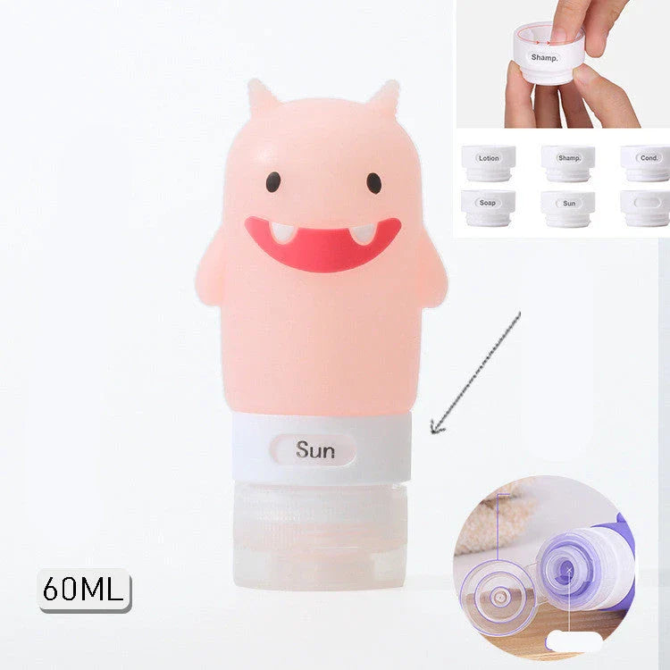 Portable animal-shaped silicone travel bottles for shampoo, shower gel, and lotion in various vibrant colors and designs
