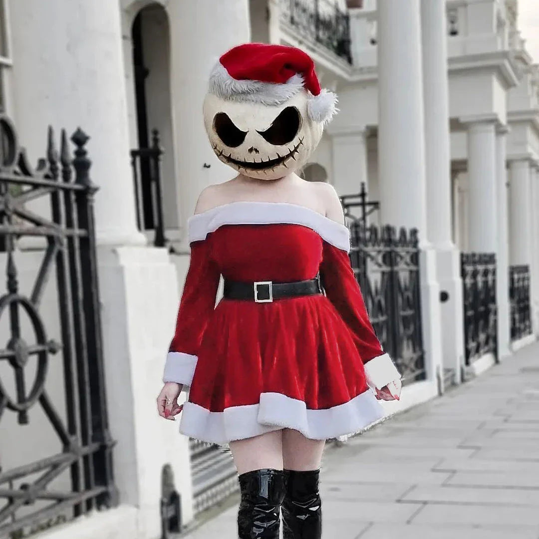 Women's festive Christmas Santa dress with plush trim, boat-neck off-the-shoulder design, and red color
