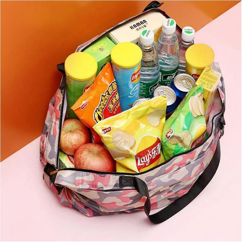 Foldable tote bag made of durable 210D Oxford cloth, featuring various stylish color patterns for versatile use