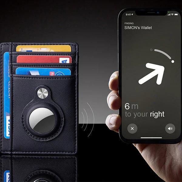 Premium leather wallet with built-in AirTag pocket and RFID blocking technology for secure everyday carry