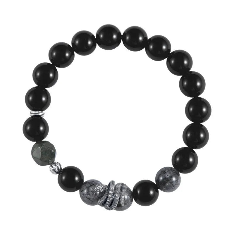 Men's black S925 sterling silver bracelet with obsidian crystal and snake zodiac design