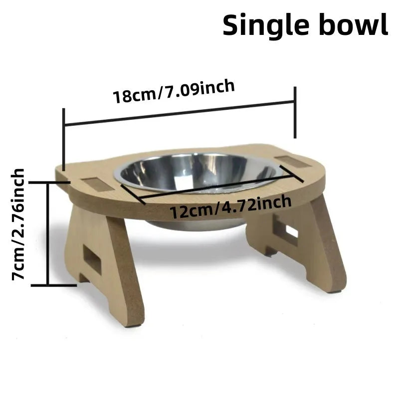 Wooden cat feeder with two stainless steel bowls for food and water, shown in large and small sizes.