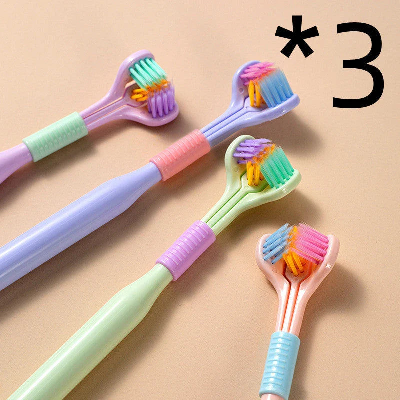 A soft bristle toothbrush with a unique triple-sided brush head for deep cleaning and customizable bristle firmness.