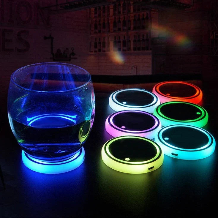 Stylish LED light-up car coaster with color-changing lights, USB and solar charging, and non-slip design