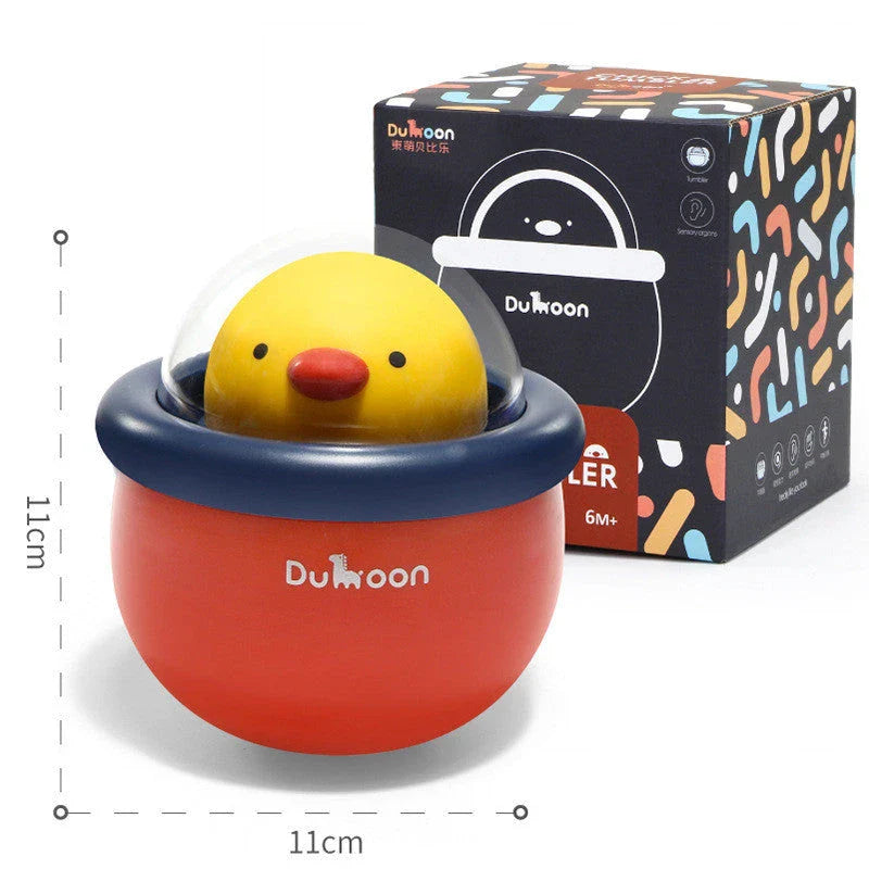 A colourful rattle tumbler toy with a built-in bell, designed to captivate and stimulate a baby's senses during play