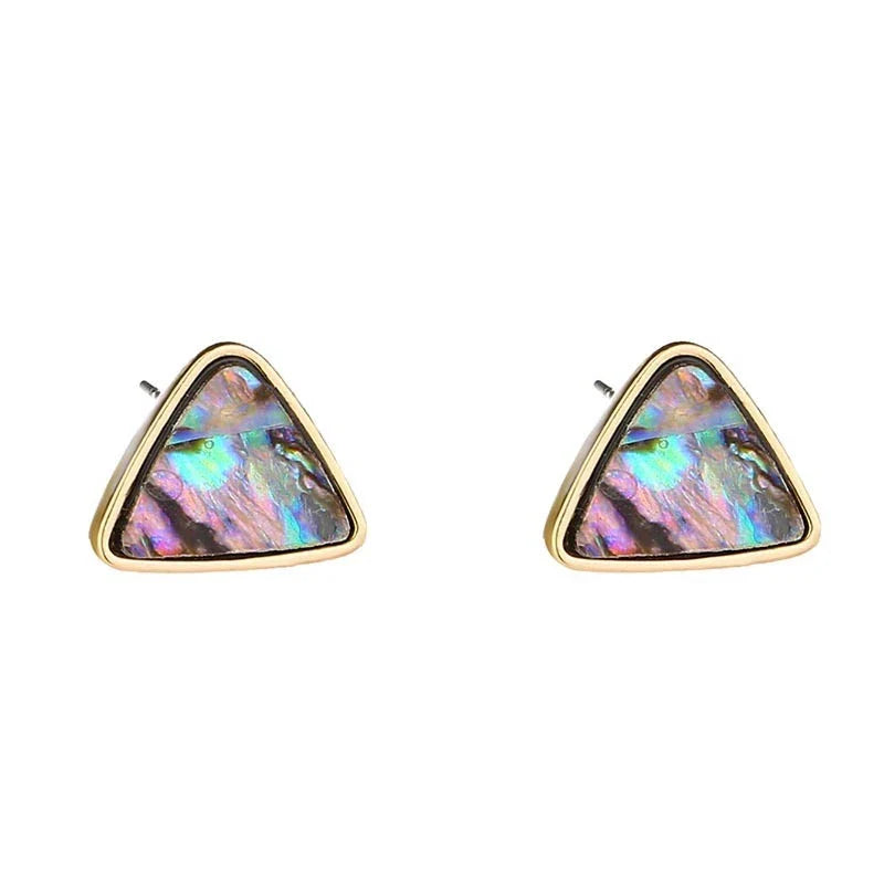 Triangular earrings with natural abalone shell set in a sleek zinc alloy frame