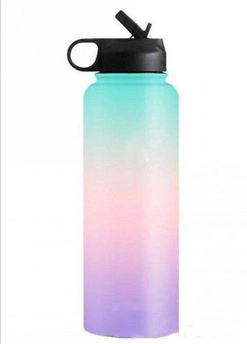 Stainless steel insulated water bottle with wide mouth and push-button lid for hot and cold beverages