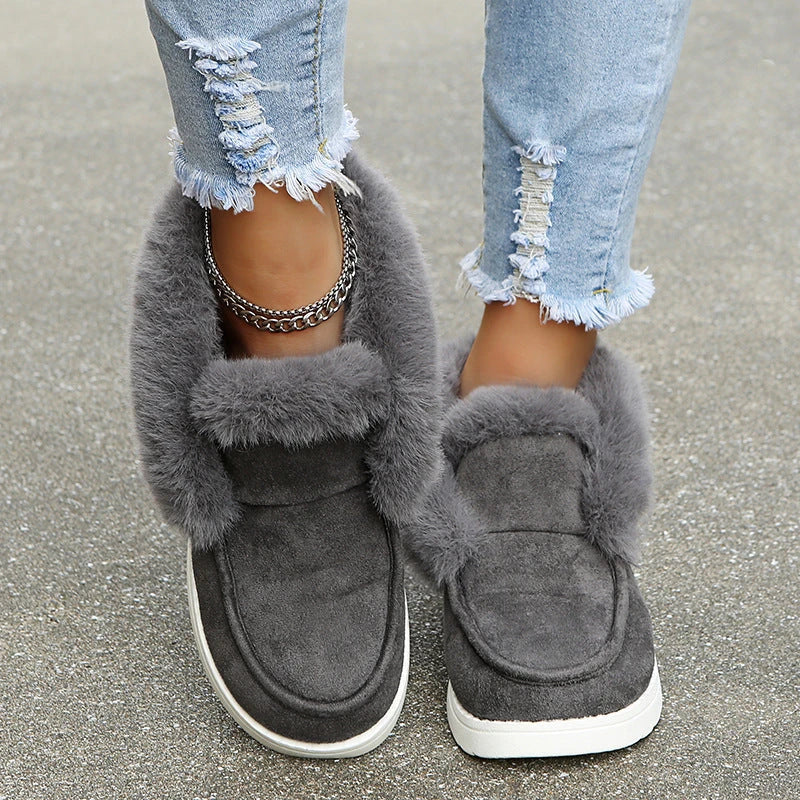 Cozy Winter Ankle Boots for Women in Black, Grey, and Brown colors with plush fur lining and low-heel design