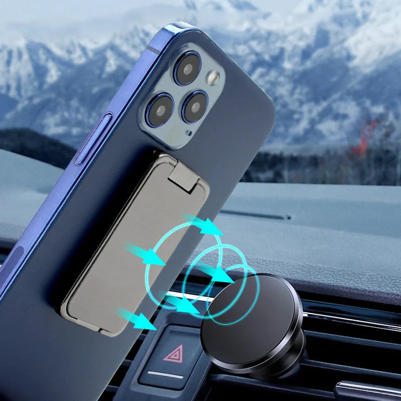 Adjustable magnetic phone stand for desk and car use, compatible with all smartphones and tablets