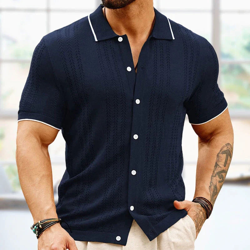 Short-sleeve polo shirt in various classic colors, featuring a unique flocking design and made from soft, breathable Tencel fabric