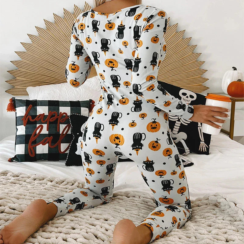 Cozy and stylish Halloween-themed pajama jumpsuit with long sleeves and a variety of color options