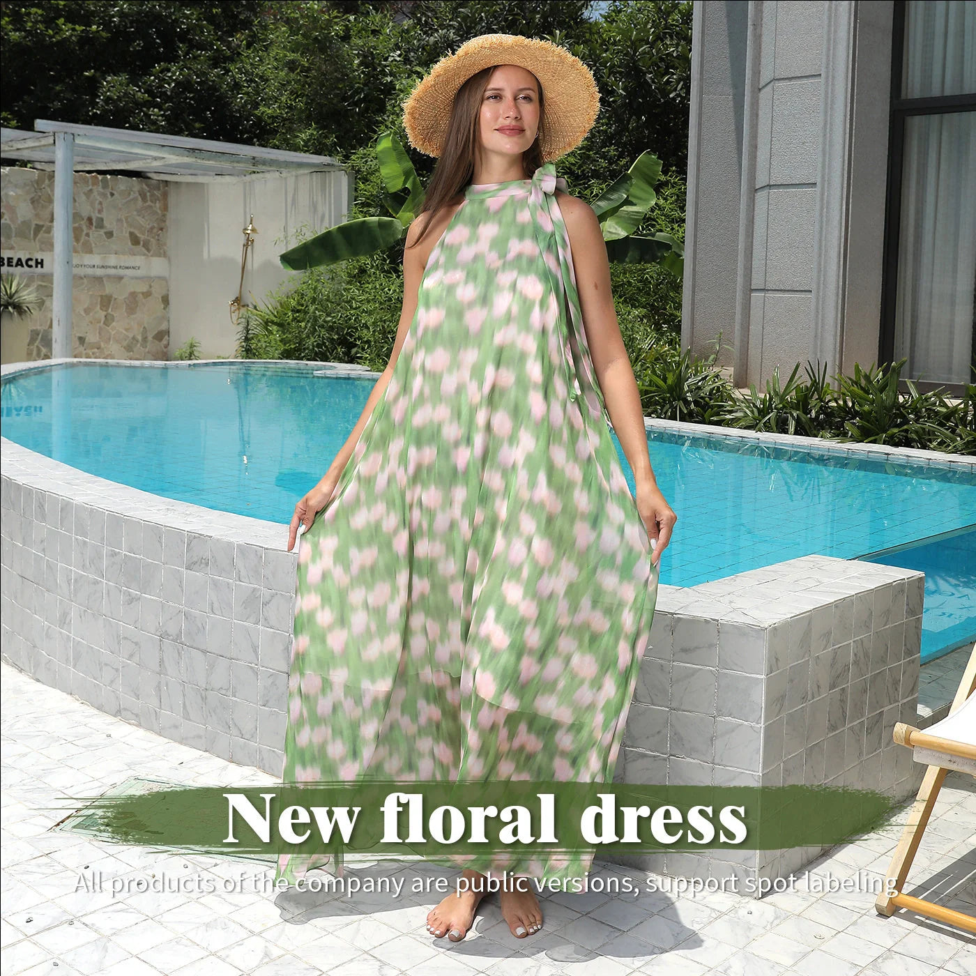 Stylish women's printed polyester dress in vibrant green