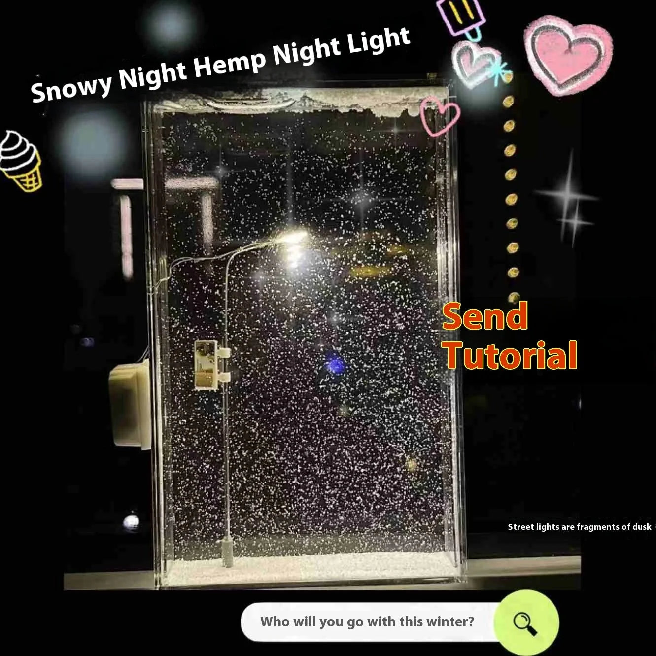 Enchanting DIY snowy night light with warm LED lighting, creating a cozy winter wonderland atmosphere