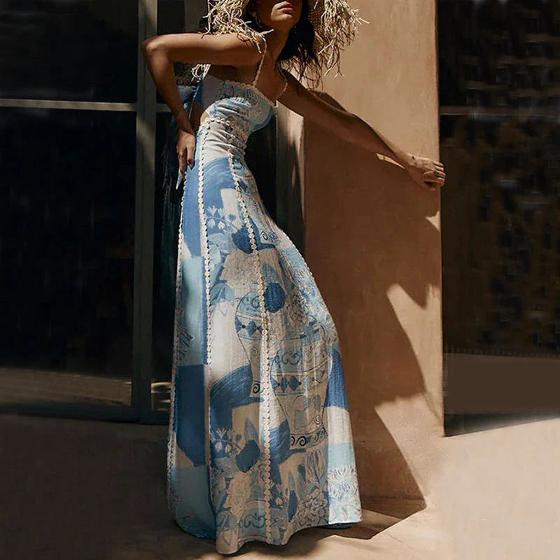 Floral lace maxi dress with backless design and bow accents