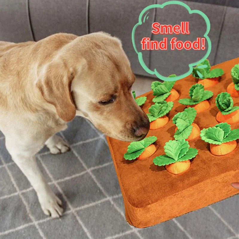 Plush carrot-shaped dog toy with snuffle mat for interactive play and mental stimulation