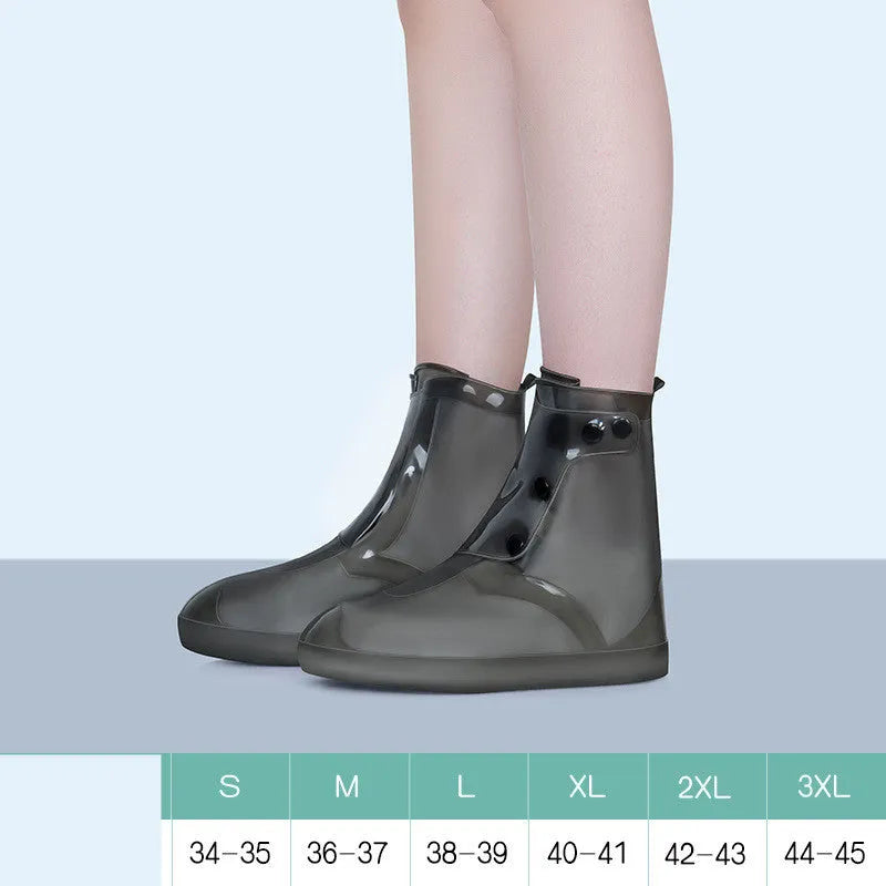 White high-top PVC waterproof shoe cover for women, shown on a foot.