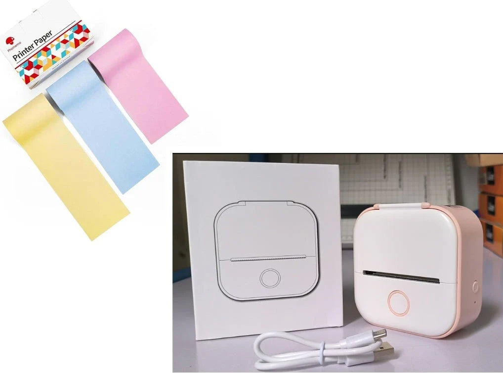 Compact Bluetooth-enabled thermal label printer in white, pink, and green colors with various label options