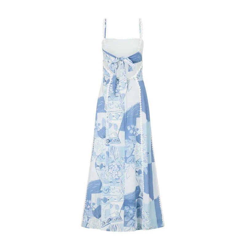 Floral lace maxi dress with backless design and bow accents