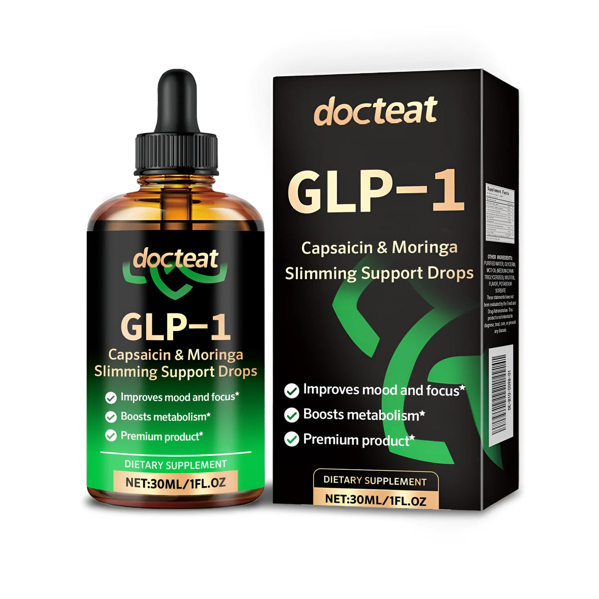 30ml bottle of chili fruit drops containing green tea and moringa extracts.