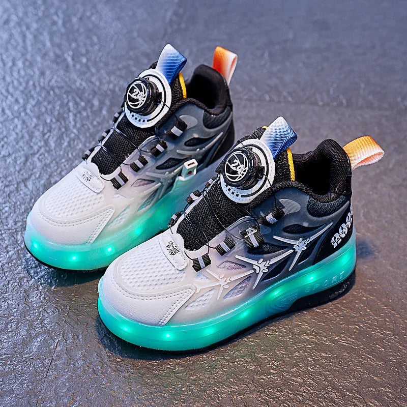 Blue children's flash knob roller skating shoes with striped pattern and rotating adjustment knob.