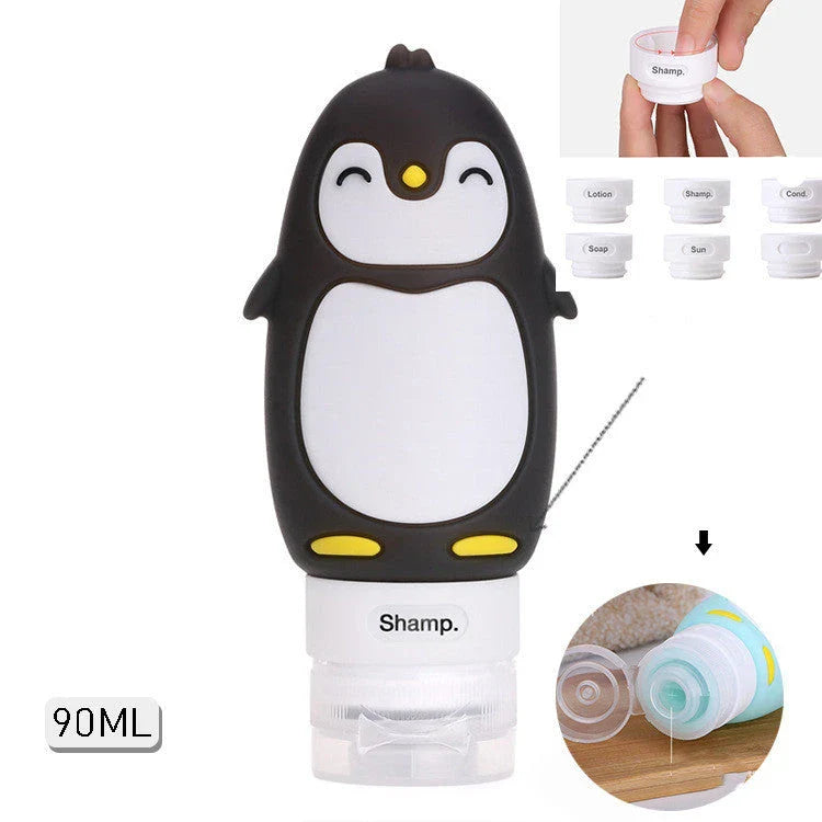 Portable animal-shaped silicone travel bottles for shampoo, shower gel, and lotion in various vibrant colors and designs
