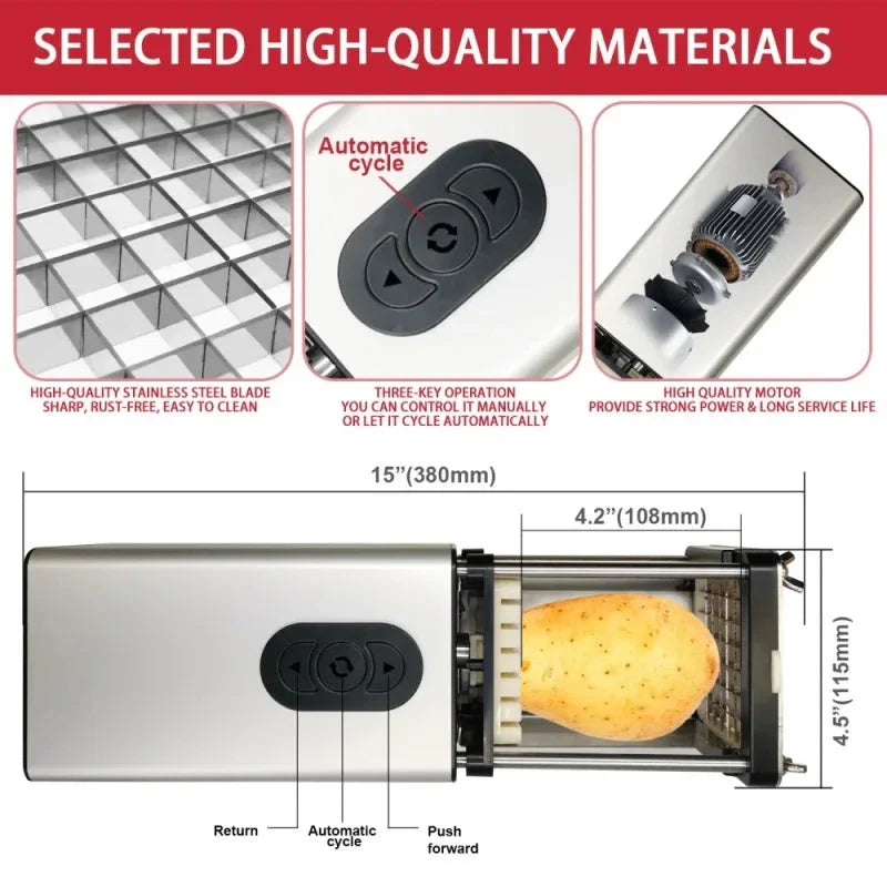 Premium electric French fry cutter with stainless steel blades and versatile cutting modes for commercial and home use