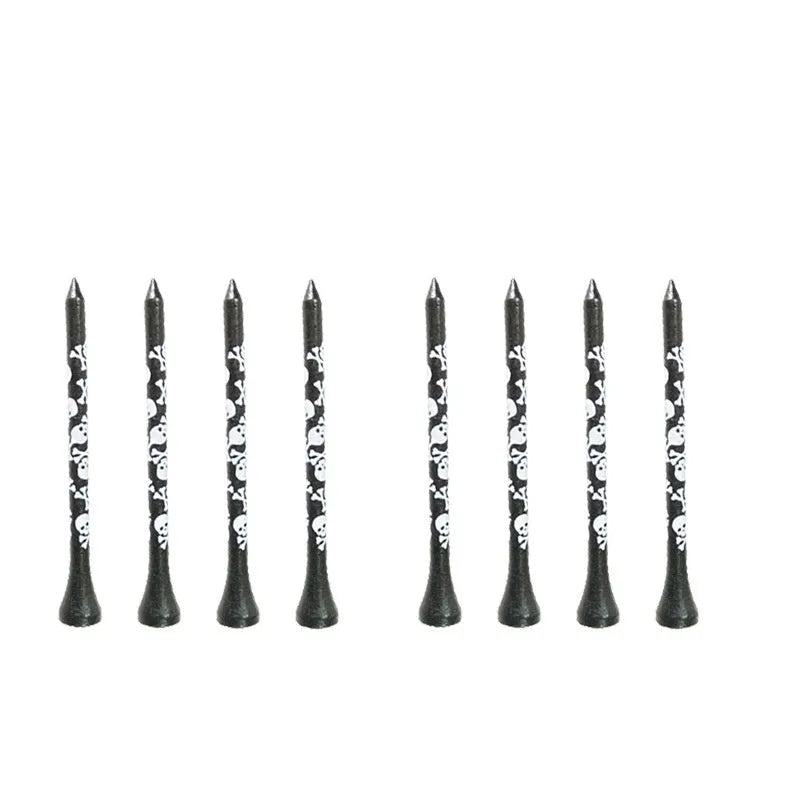 Ten black bamboo dowel pins with skull print for golf tees, showing 70mm and 83mm length options.