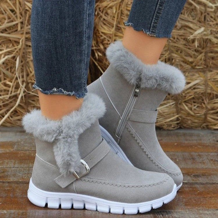 Plush ankle snow boots with buckle design and soft, warm lining for women in various color options