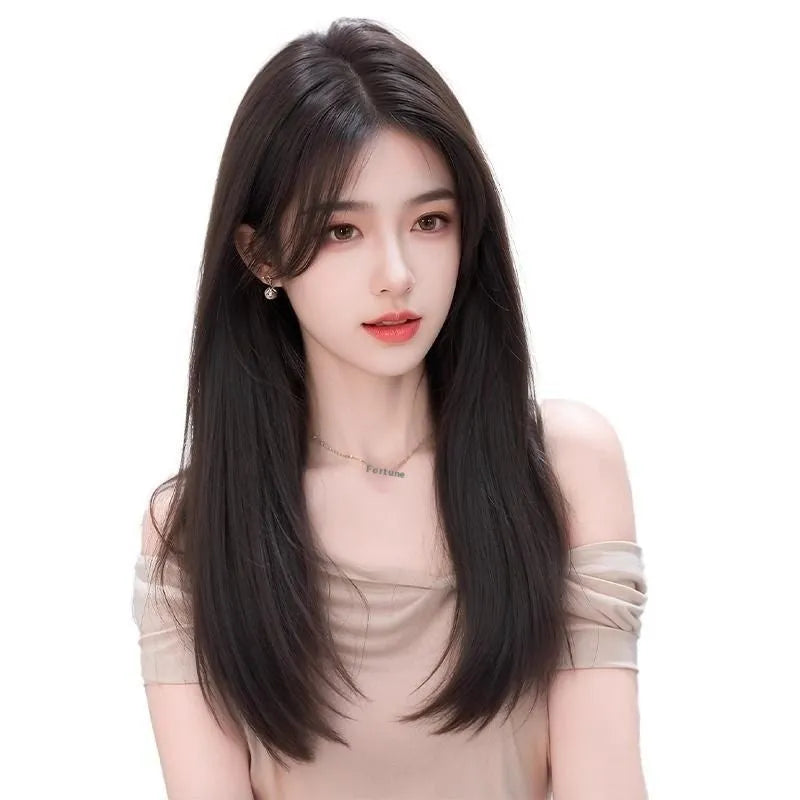 Brown black women's full-head wig with Chinese character bangs, made from high temperature artificial fibre.